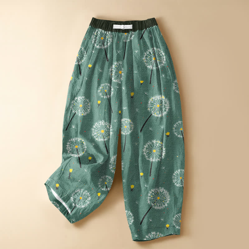 Buddha Stones Pure Cotton Dandelion Bloom Pattern Frog Button Women's Elastic Waist Harem Pants With Pockets - LightSeaGreen - US16，UK/AU20，EU48 (3XL) - image 5