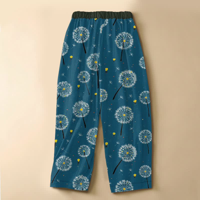 Buddha Stones Pure Cotton Dandelion Bloom Pattern Frog Button Women's Elastic Waist Harem Pants With Pockets - image 8
