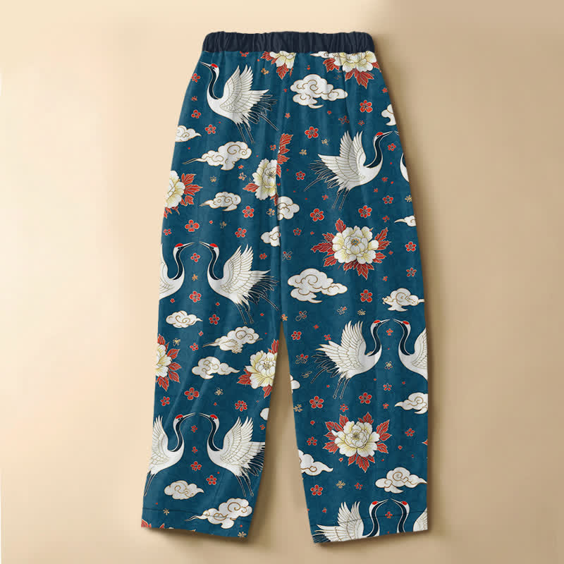 Buddha Stones Pure Cotton Classic Crane Peony Pattern Frog Button Women's Elastic Waist Harem Pants With Pockets - image 1