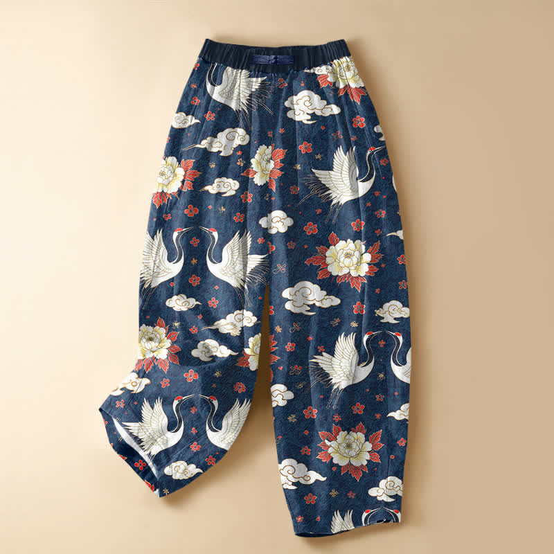 Buddha Stones Pure Cotton Classic Crane Peony Pattern Frog Button Women's Elastic Waist Harem Pants With Pockets - Navy - US16，UK/AU20，EU48 (3XL) - image 5