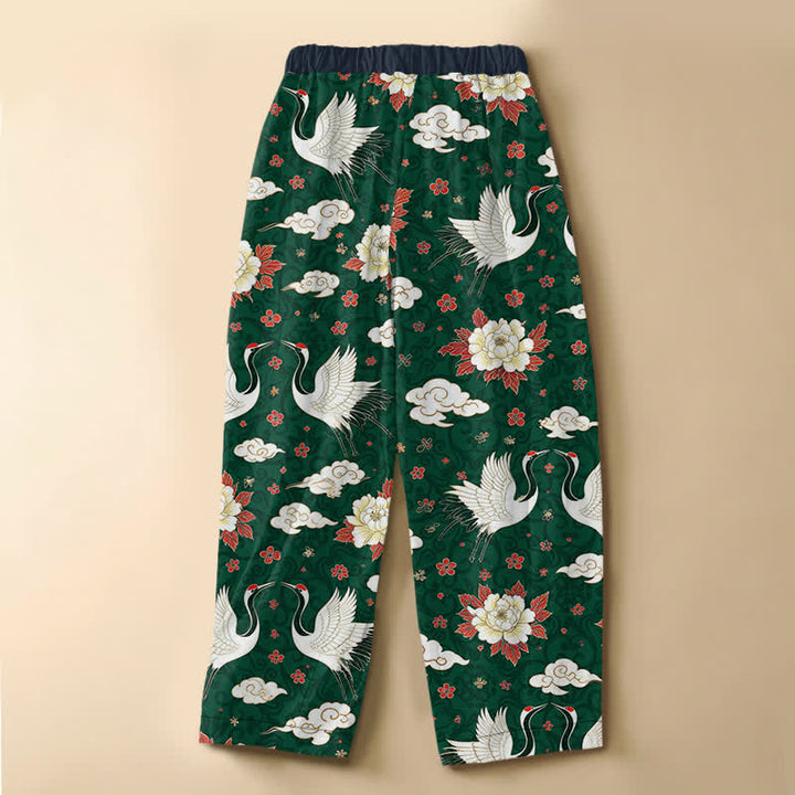 Buddha Stones Pure Cotton Classic Crane Peony Pattern Frog Button Women's Elastic Waist Harem Pants With Pockets - image 8