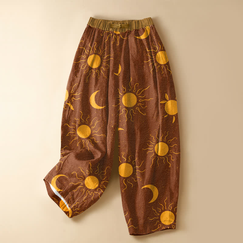 Buddha Stones Pure Cotton Celestial Sun Moon Pattern Frog Button Women's Elastic Waist Harem Pants With Pockets - Peru - US16，UK/AU20，EU48 (3XL) - image 0