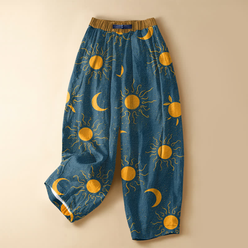 Buddha Stones Pure Cotton Celestial Sun Moon Pattern Frog Button Women's Elastic Waist Harem Pants With Pockets - SteelBlue - US16，UK/AU20，EU48 (3XL) - image 7