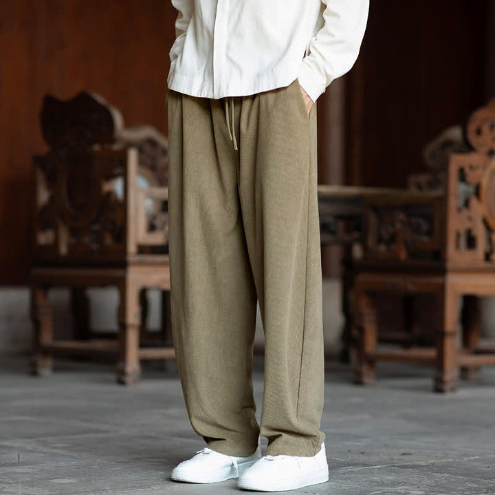 Buddha Stones Fall Casual Minimalist Drawstring Solid Ankle Pants Corduroy Men's Straight Leg Pants With Pockets - image 7