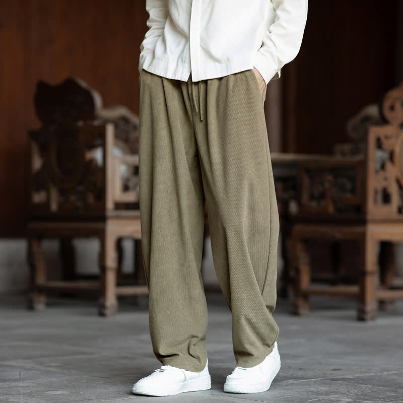 Buddha Stones Fall Casual Minimalist Drawstring Solid Ankle Pants Corduroy Men's Straight Leg Pants With Pockets - image 2