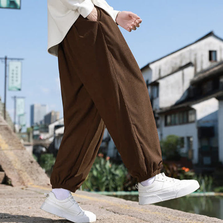Buddha Stones Winter Basic Classic Drawstring Solid Cropped Pants Corduroy Men's Harem Pants With Pockets - image 6