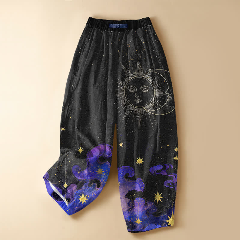 Buddha Stones Pure Cotton Celestial Sun Moon Starry Sky Pattern Frog Button Women's Elastic Waist Harem Pants With Pockets - Black - US16，UK/AU20，EU48 (3XL) - image 0
