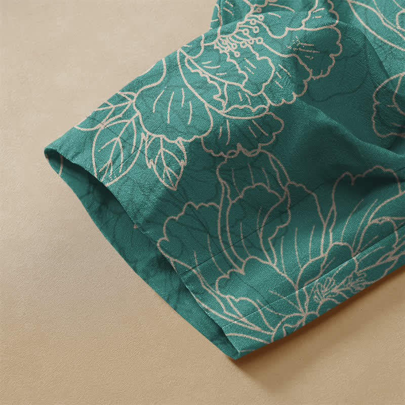Buddha Stones Pure Cotton Vintage Botanical Bloom Pattern Frog Button Women's Elastic Waist Harem Pants With Pockets - image 3