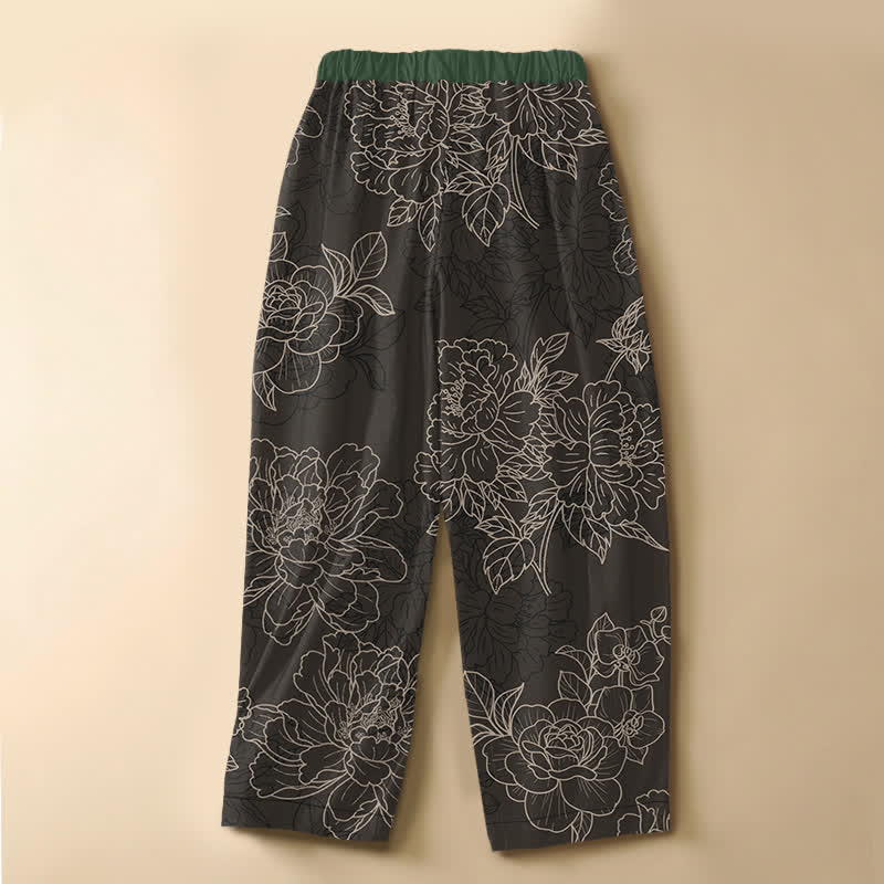 Buddha Stones Pure Cotton Vintage Botanical Bloom Pattern Frog Button Women's Elastic Waist Harem Pants With Pockets - image 6
