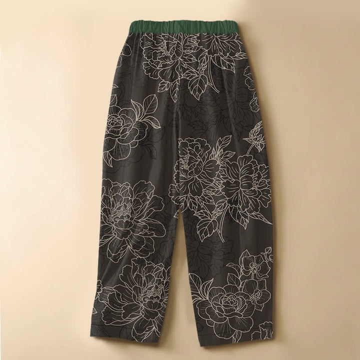 Buddha Stones Pure Cotton Vintage Botanical Bloom Pattern Frog Button Women's Elastic Waist Harem Pants With Pockets - image 6