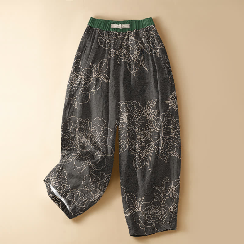 Buddha Stones Pure Cotton Vintage Botanical Bloom Pattern Frog Button Women's Elastic Waist Harem Pants With Pockets - SlateGray - US16，UK/AU20，EU48 (3XL) - image 5