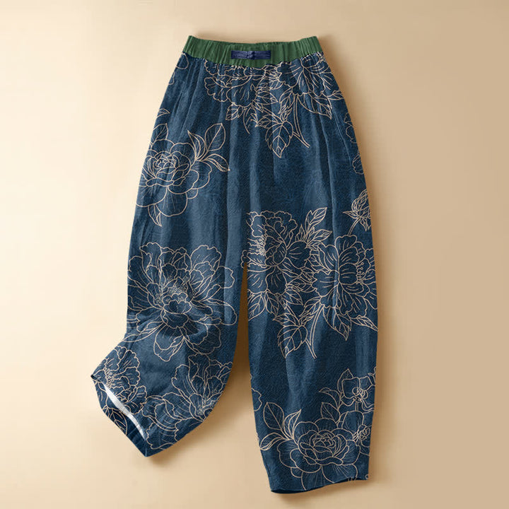 Buddha Stones Pure Cotton Vintage Botanical Bloom Pattern Frog Button Women's Elastic Waist Harem Pants With Pockets - Navy - US16，UK/AU20，EU48 (3XL) - image 7