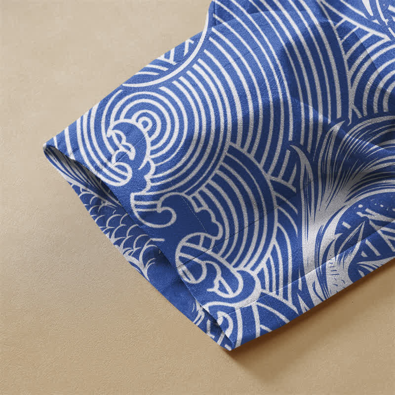 Buddha Stones Pure Cotton Ocean Wave Koi Fish Pattern Frog Button Women's Elastic Waist Harem Pants With Pockets - image 3