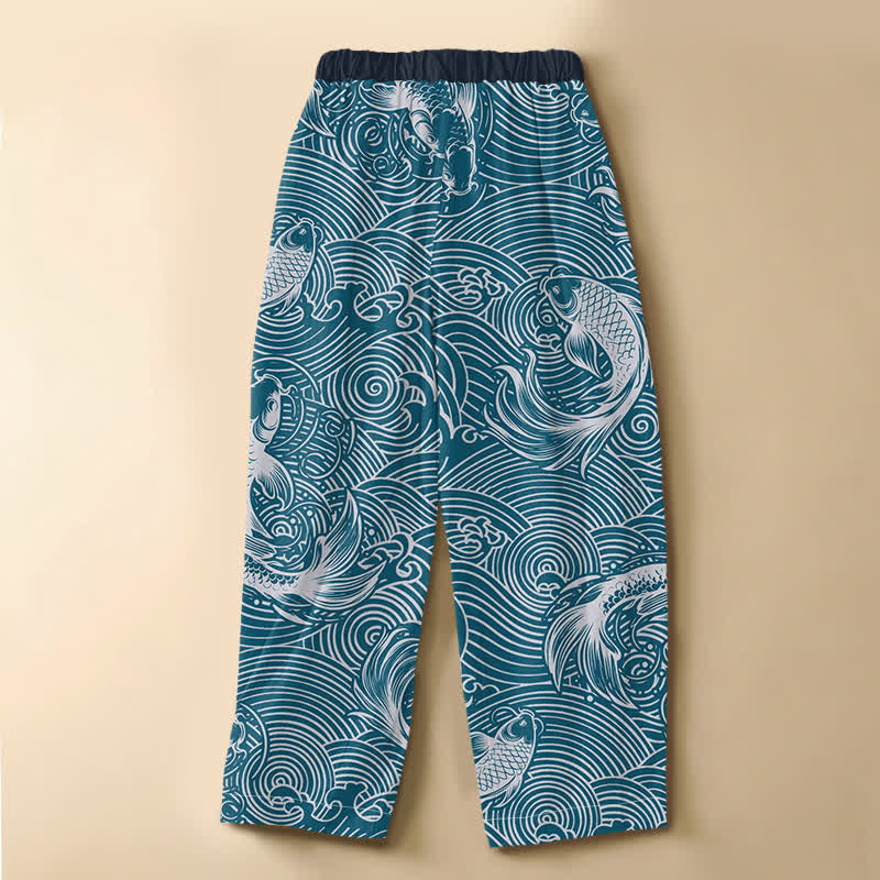 Buddha Stones Pure Cotton Ocean Wave Koi Fish Pattern Frog Button Women's Elastic Waist Harem Pants With Pockets - image 8
