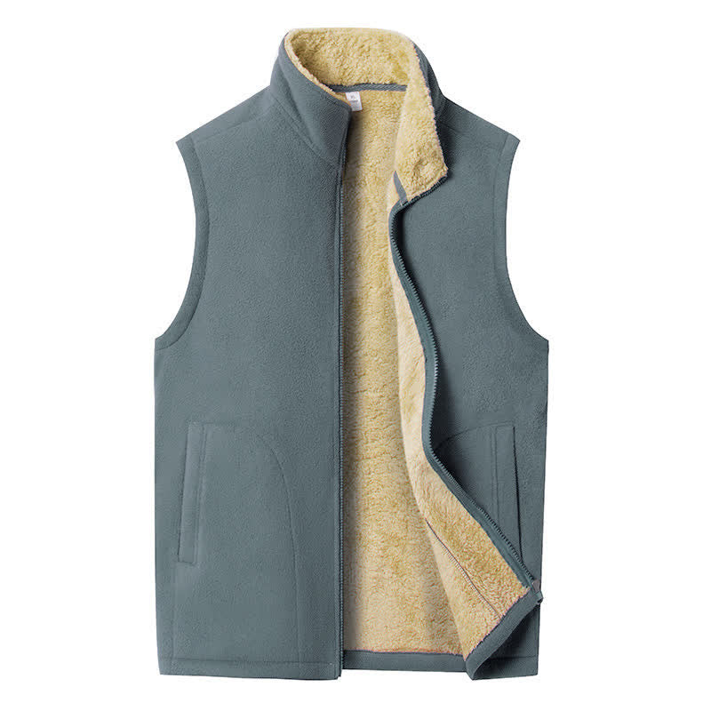 Buddha Stones Winter Casual Minimalist Fleece Lined Zipper Design Mandarin Collar Solid Cotton Tank Top Men's Vest With Pockets - DarkSlateGray - US/UK/AU46, EU56 (5XL) - image 0