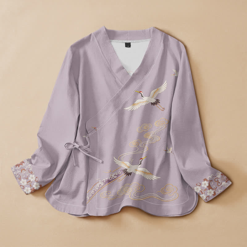 Buddha Stones Cotton Flying Crane Pattern Wrap V-Neck Lace-up Women's Long Sleeve Shirts Kimono - Thistle - US16，UK/AU20，EU48 (3XL) - image 0
