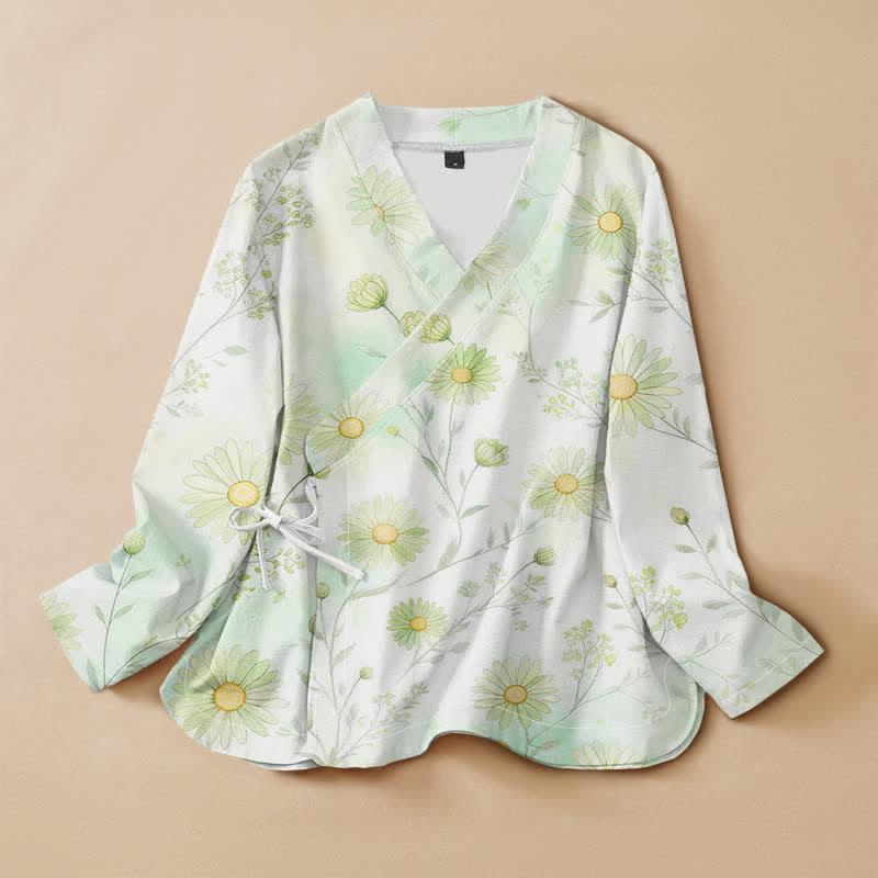 Buddha Stones Cotton Daisy Floral Print Hanfu Style Wrap V-Neck Lace-up Women's Long Sleeve Shirts Kimono - Honeydew - US16，UK/AU20，EU48 (3XL) - image 0