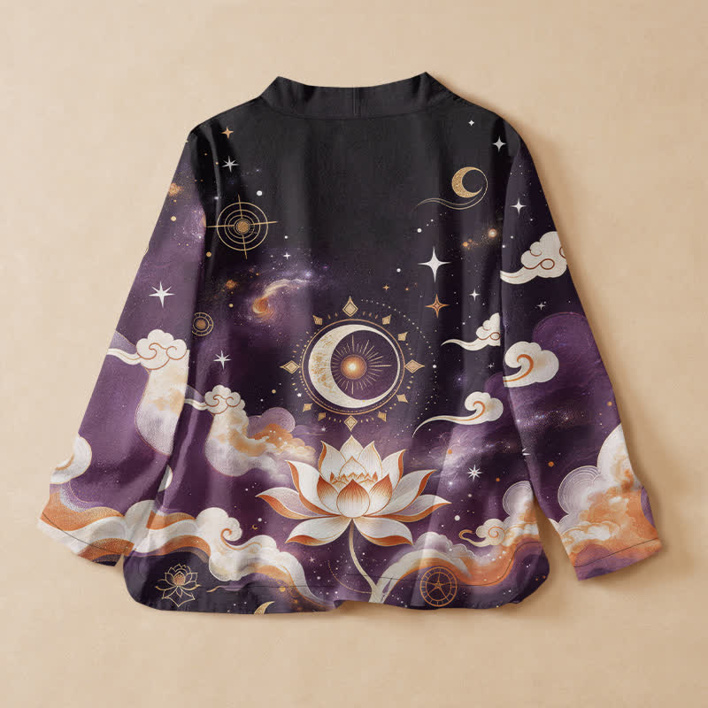 Buddha Stones Cotton Celestial Lotus Moon Print Hanfu Style Wrap V-Neck Lace-up Women's Long Sleeve Shirts Kimono - image 1