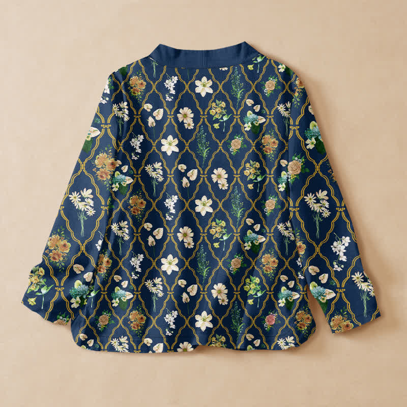 Buddha Stones Cotton Vintage Floral Vine Print Hanfu Style Wrap V-Neck Lace-up Women's Long Sleeve Shirts Kimono - image 1
