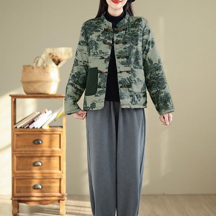 Buddha Stones Fall Winter Vintage Tang Style Frog Button Tree Print Cropped Women's Jacket With Pockets - image 7