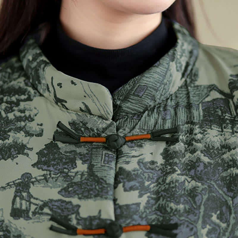 Buddha Stones Fall Winter Vintage Tang Style Frog Button Tree Print Cropped Women's Jacket With Pockets - image 8