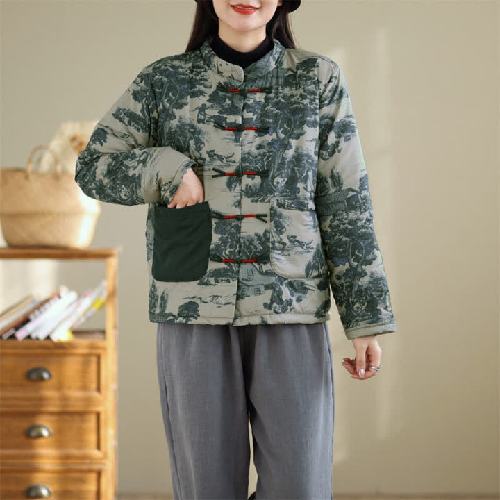 Buddha Stones Fall Winter Vintage Tang Style Frog Button Tree Print Cropped Women's Jacket With Pockets - image 5