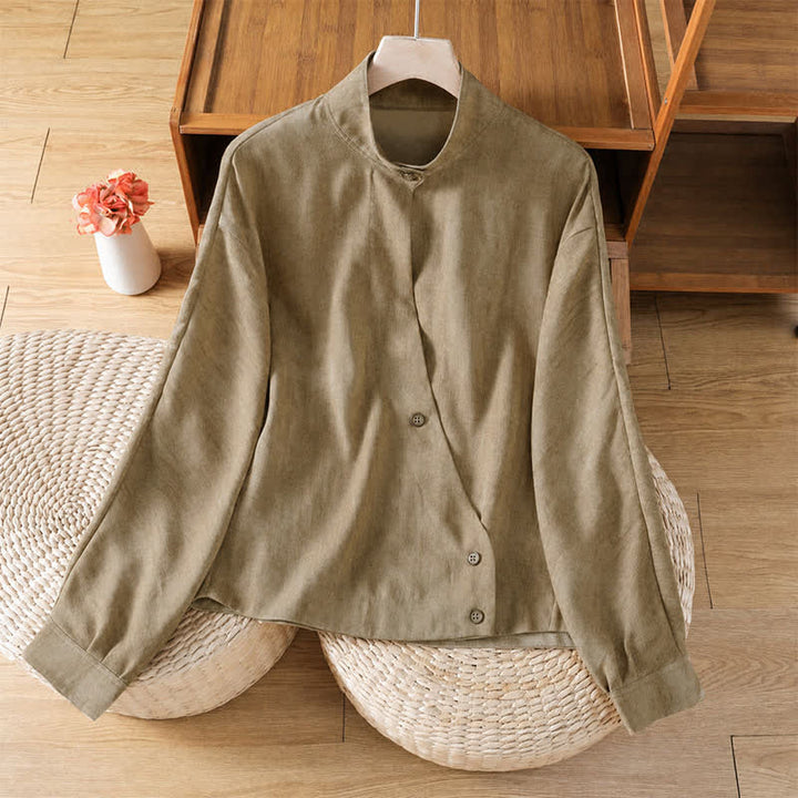 Buddha Stones Fall Casual Tang Style Mandarin Collar Buttons Solid Women's Long Sleeve Shirts - Tan - US8-10, UK/AU12-14, EU40-42 (2XL) - image 8