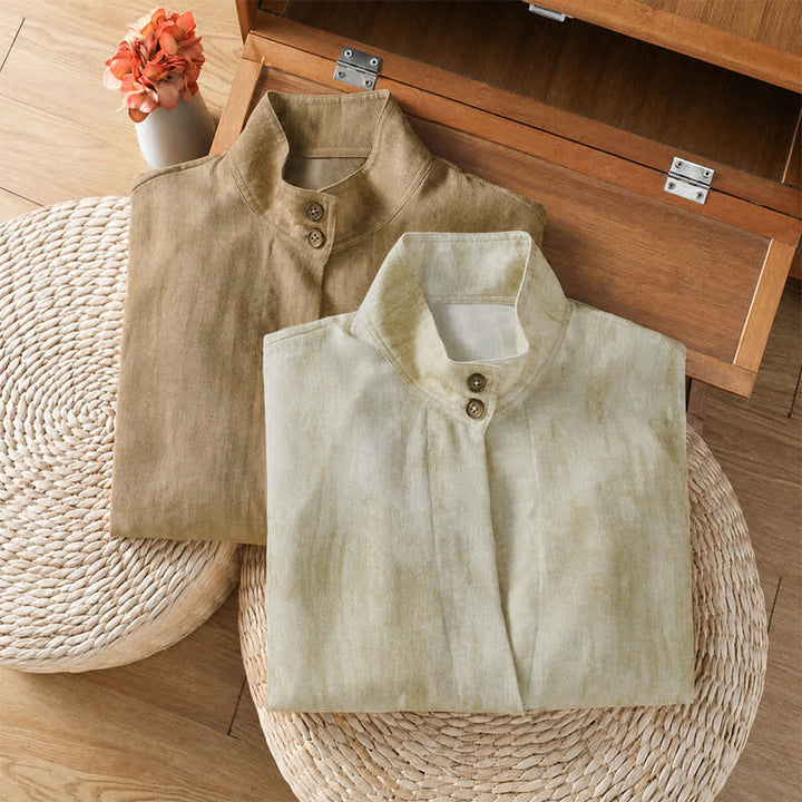 Buddha Stones Fall Casual Tang Style Mandarin Collar Buttons Solid Women's Long Sleeve Shirts - image 16