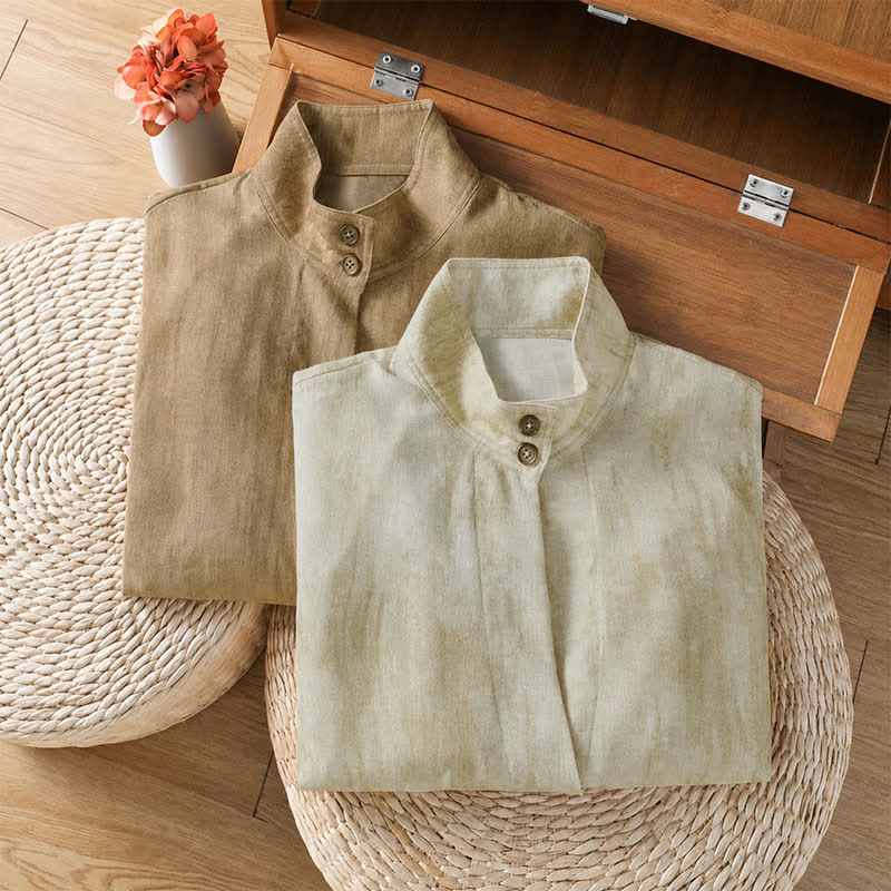 Buddha Stones Fall Casual Tang Style Mandarin Collar Buttons Solid Women's Long Sleeve Shirts - image 17