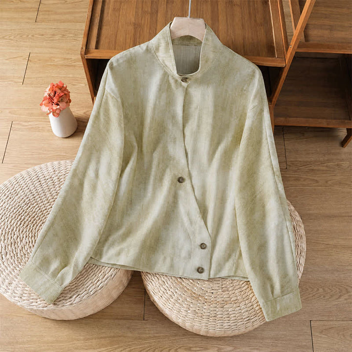 Buddha Stones Fall Casual Tang Style Mandarin Collar Buttons Solid Women's Long Sleeve Shirts - Beige - US8-10, UK/AU12-14, EU40-42 (2XL) - image 0