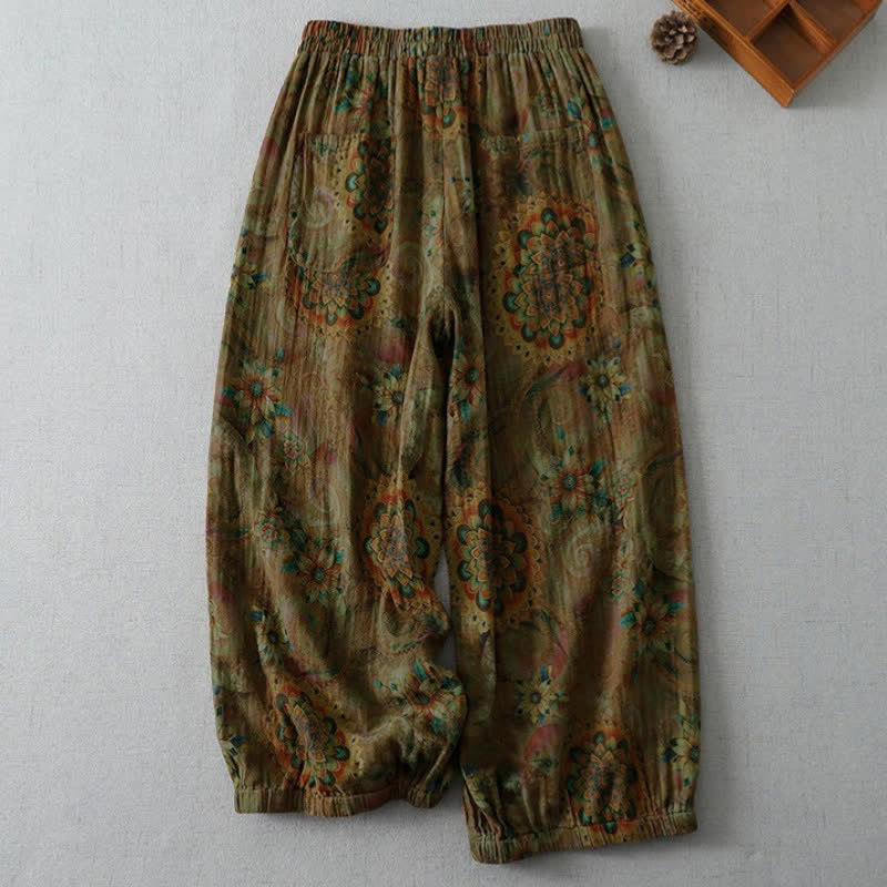 Buddha Stones Spring Summer Vintage Boho Floral Cropped Pants Women's Harem Pants With Pockets - image 1