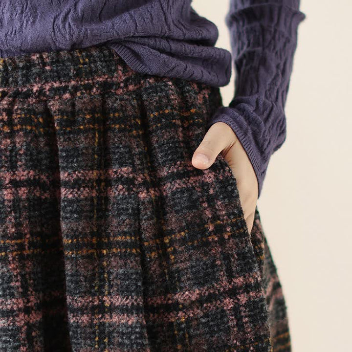 Buddha Stones Fall Winter Minimalist Classic Pleated Plaid Women's Skirt With Pockets - image 7