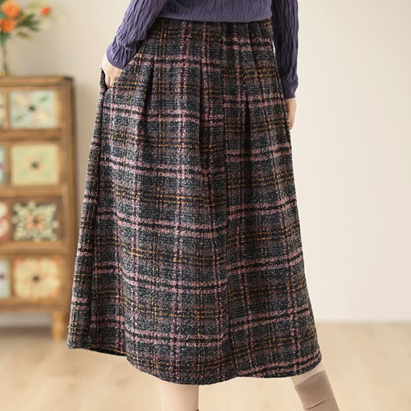 Buddha Stones Fall Winter Minimalist Classic Pleated Plaid Women's Skirt With Pockets - image 4