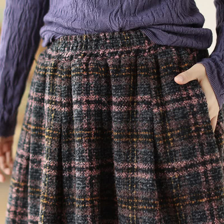 Buddha Stones Fall Winter Minimalist Classic Pleated Plaid Women's Skirt With Pockets - image 6
