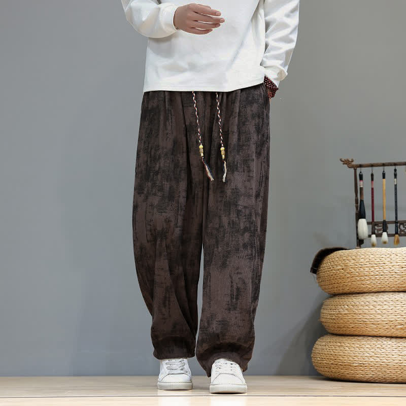 Buddha Stones Spring Fall Casual Vintage Drawstring Abstract Tie-dye Pattern Ankle Pants Corduroy Men's Harem Pants With Pockets - SaddleBrown - US/UK/AU48，EU58 (6XL) - image 0