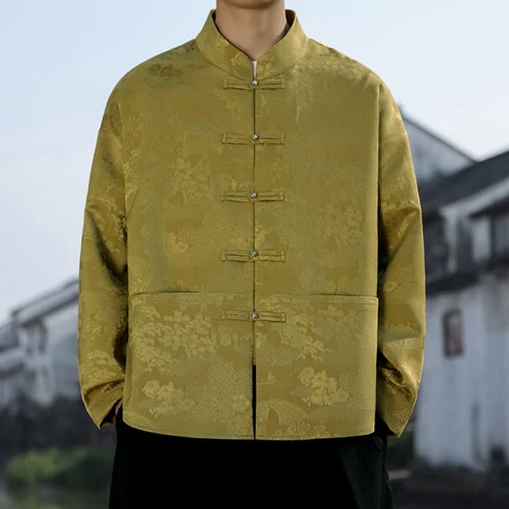 Buddha Stones Spring Fall Casual Tang Style Mandarin Collar Frog Button Landscape Pattern Men's Long Sleeve Shirts With Pockets - image 2
