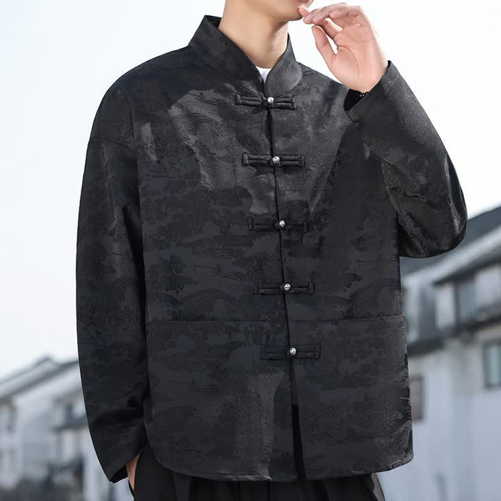 Buddha Stones Spring Fall Casual Tang Style Mandarin Collar Frog Button Landscape Pattern Men's Long Sleeve Shirts With Pockets - Black - US/UK/AU48, EU58 (5XL) - image 13