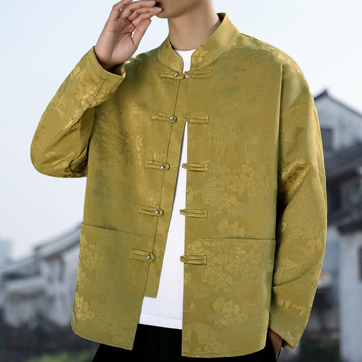 Buddha Stones Spring Fall Casual Tang Style Mandarin Collar Frog Button Landscape Pattern Men's Long Sleeve Shirts With Pockets - DarkKhaki - US/UK/AU48, EU58 (5XL) - image 0
