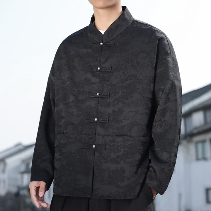 Buddha Stones Spring Fall Casual Tang Style Mandarin Collar Frog Button Landscape Pattern Men's Long Sleeve Shirts With Pockets - image 15
