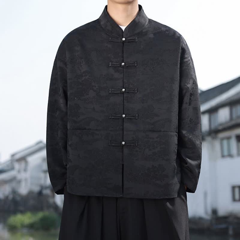 Buddha Stones Spring Fall Casual Tang Style Mandarin Collar Frog Button Landscape Pattern Men's Long Sleeve Shirts With Pockets - image 14
