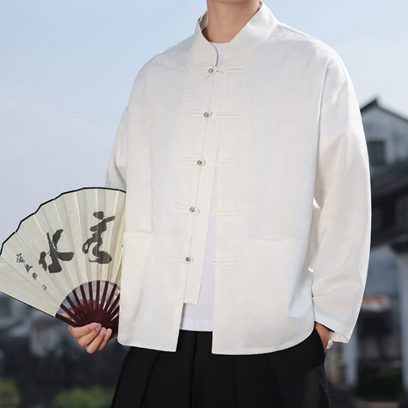 Buddha Stones Spring Fall Casual Tang Style Mandarin Collar Frog Button Landscape Pattern Men's Long Sleeve Shirts With Pockets - image 24