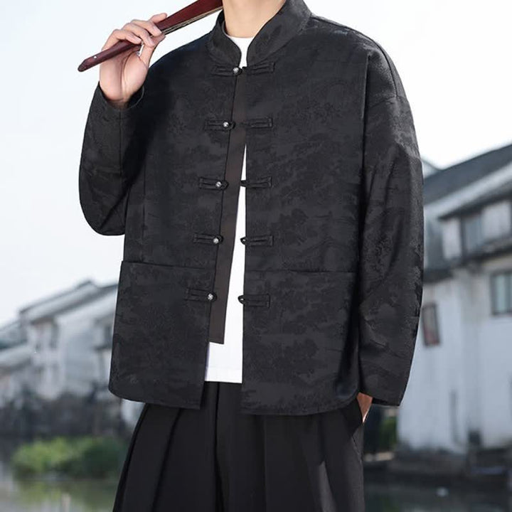 Buddha Stones Spring Fall Casual Tang Style Mandarin Collar Frog Button Landscape Pattern Men's Long Sleeve Shirts With Pockets - image 19