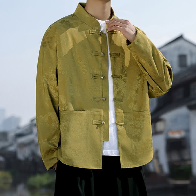 Buddha Stones Spring Fall Casual Tang Style Mandarin Collar Frog Button Landscape Pattern Men's Long Sleeve Shirts With Pockets - image 3