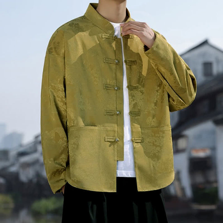 Buddha Stones Spring Fall Casual Tang Style Mandarin Collar Frog Button Landscape Pattern Men's Long Sleeve Shirts With Pockets - image 3