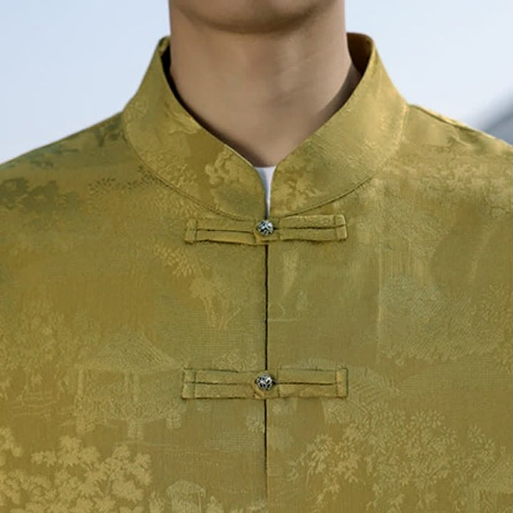 Buddha Stones Spring Fall Casual Tang Style Mandarin Collar Frog Button Landscape Pattern Men's Long Sleeve Shirts With Pockets - image 8