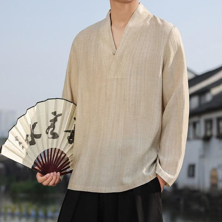 Buddha Stones Spring Fall Casual Tang Style V-Neck Solid Men's Long Sleeve Shirts - image 3