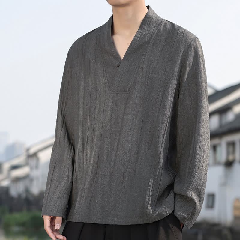 Buddha Stones Spring Fall Casual Tang Style V-Neck Solid Men's Long Sleeve Shirts - DimGray - US/UK/AU46, EU56 (5XL) - image 11
