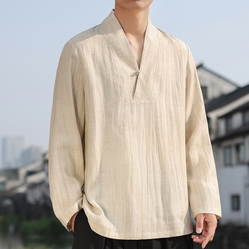 Buddha Stones Spring Fall Casual Tang Style V-Neck Solid Men's Long Sleeve Shirts - Wheat - US/UK/AU46, EU56 (5XL) - image 0