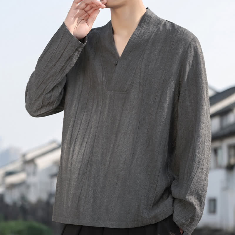 Buddha Stones Spring Fall Casual Tang Style V-Neck Solid Men's Long Sleeve Shirts - image 14