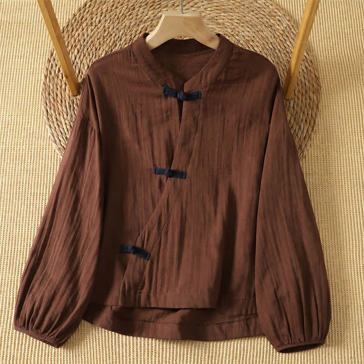 Buddha Stones Spring Summer Vintage Tang Style Frog Button Solid Cotton Linen Women's Long Sleeve Shirts - SaddleBrown - US8-10, UK/AU12-14, EU40-42 (2XL) - image 9